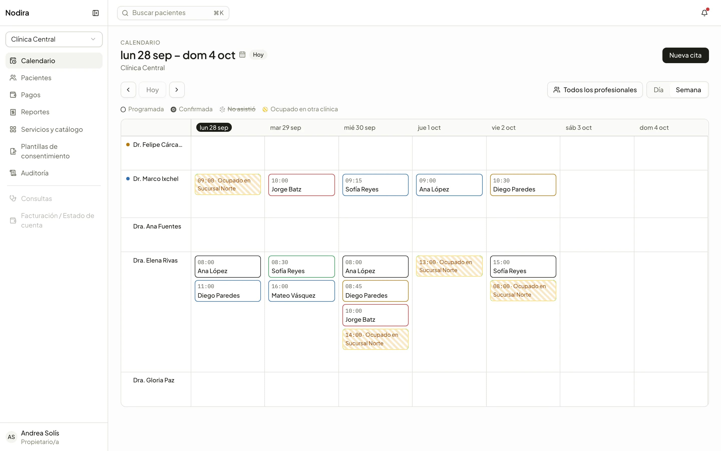 Nodira's weekly calendar with each practitioner's appointments.
