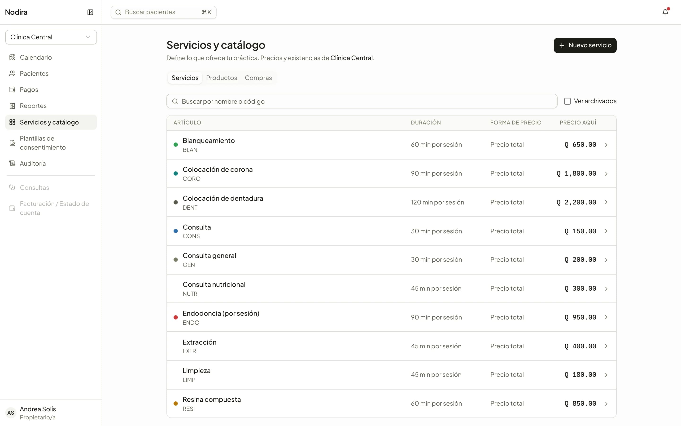 The service catalog with duration and price.