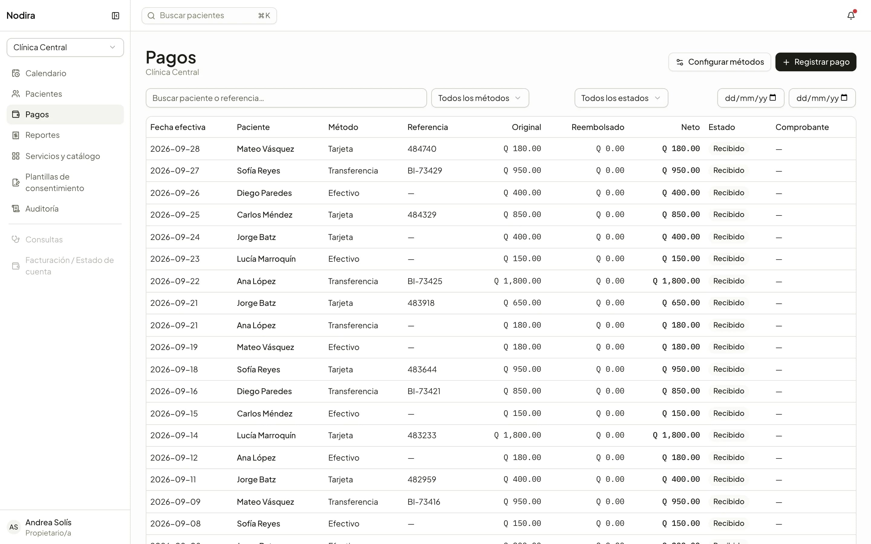 The clinic's payment list with method, reference and status.