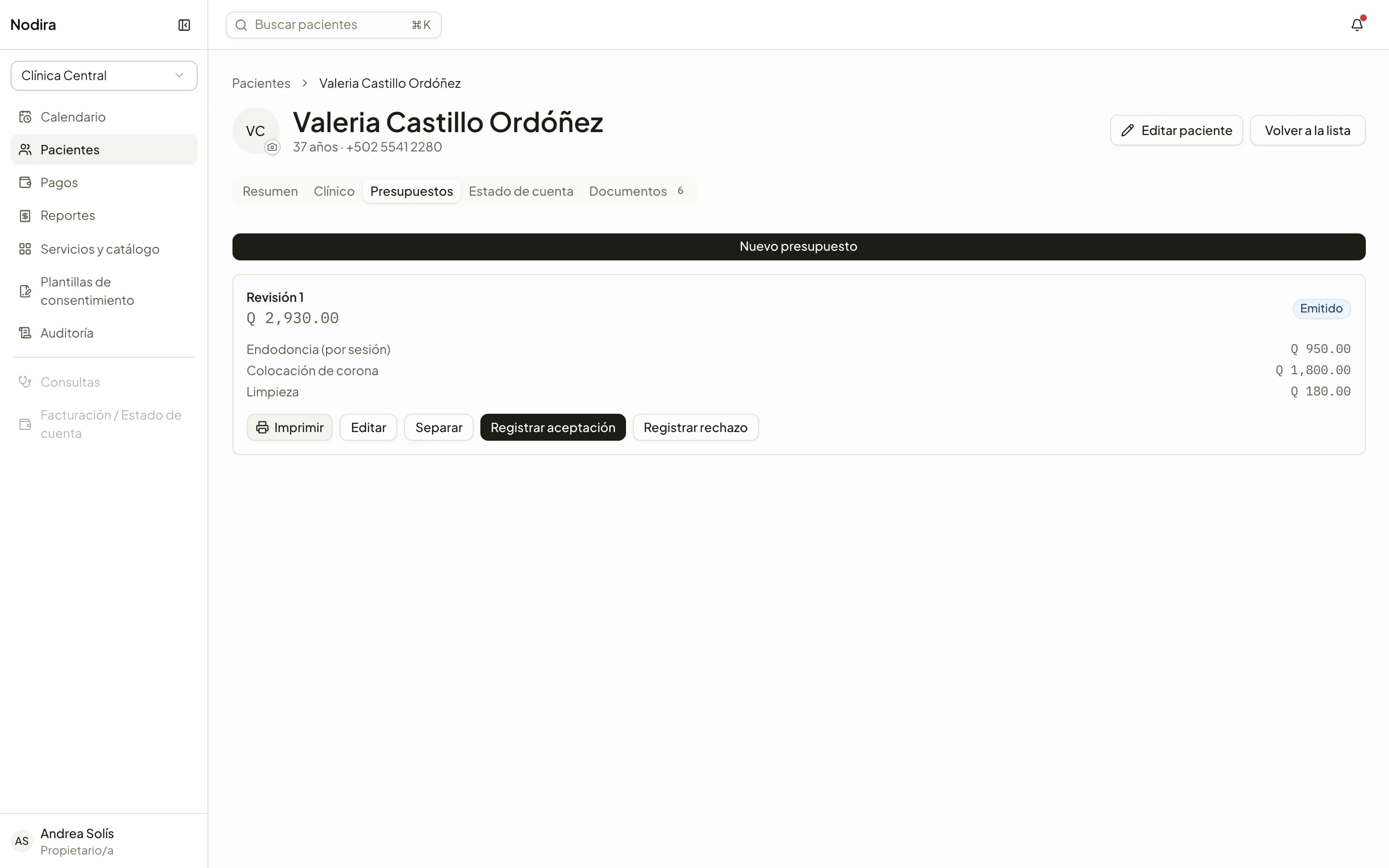 An issued quote with its treatments and prices in quetzales.